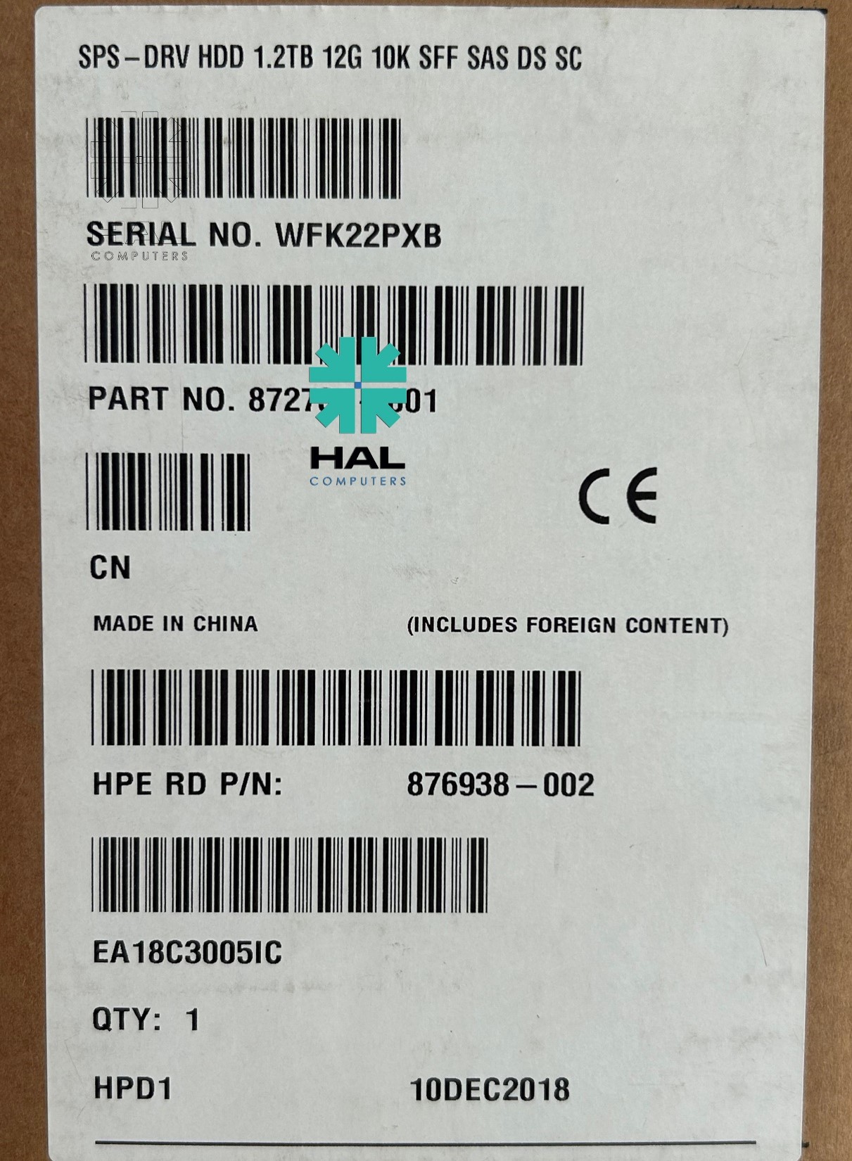 HPE DRV HDD 1.2TB 12G 10K SFF SAS DS SC
